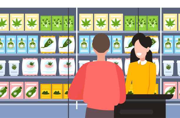 stockillustraties, clipart, cartoons en iconen met man het kopen van cbd producten moderne cannabis winkel interieur marihuana legalisatie drugs consumptie concept horizontaal portret - onkruid