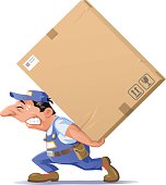 An exhausted delivery man with blue overalls carrying a huge and heavy package. Illustration with space for text.