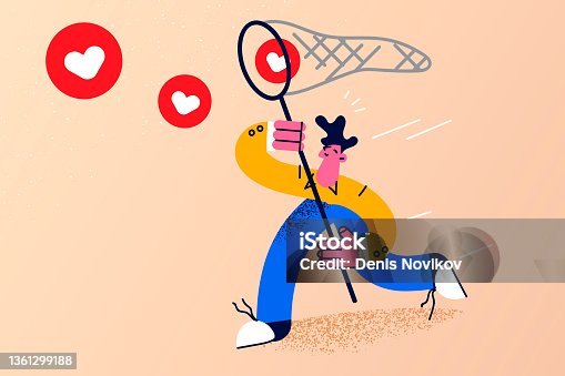 istock Man catch likes with net strive for followers 1361299188