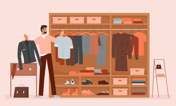 ilustrações de stock, clip art, desenhos animados e ícones de man choosing clothes in cartoon clothing home wardrobe room - clothes wardrobe