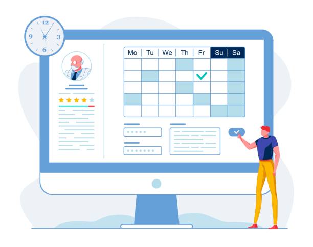 Man Choosing Doctor Online Vector Illustration Man Choosing Doctor Online Vector Illustration. Patient Scheduling Meeting with Therapist Cartoon Character. Innovative Telemedicine Opportunities. Client Analyzing Medical Worker Profile arrival departure board stock illustrations