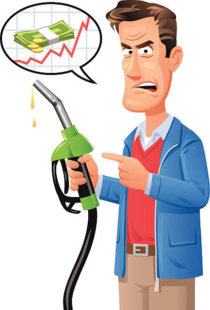 Man Complaining About Gas Prices An angry man holding a petrol pump and complains about rising gas prices. cartoon man with complaint with speech bubble stock illustrations