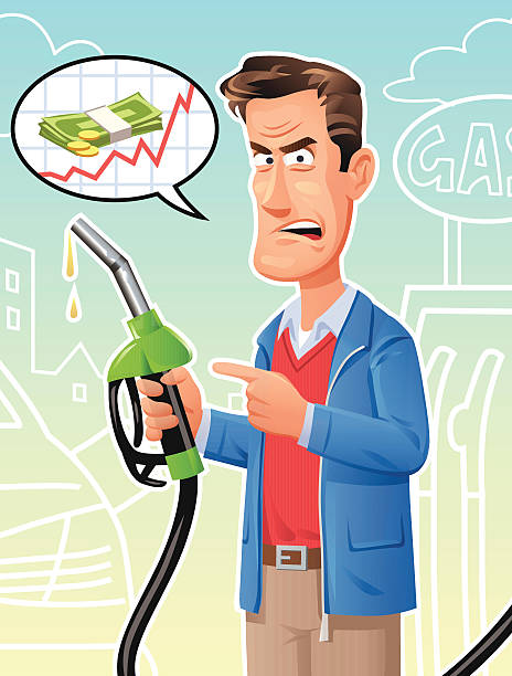 Man Complaining About Rising Gas Prices A angry man holding a petrol pump and complains about rising gas prices. cartoon man with complaint with speech bubble stock illustrations