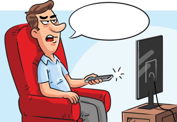 Man Complaining About TV Programme Vector illustration of a man sitting on a comfortable chair watching tv and complaining. With empty speech bubble, ready for your text. cartoon man with complaint with speech bubble stock illustrations