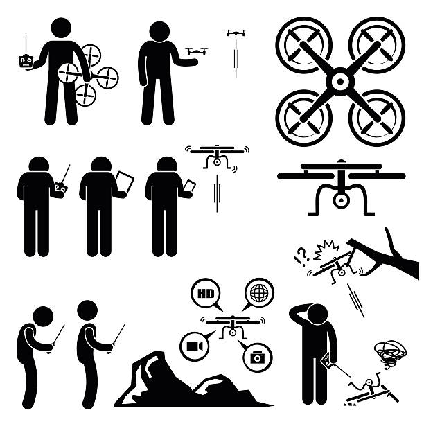 Man Controlling Flying Drone Quadcopter Stick Figure Pictogram Icons A set of human pictogram representing man playing drone quadcopter. The drone can be controlled by remote controller, tablet, and smartphone. It has camera, HD video recorder, and GPS. The pilot also accidentally crash it at the end. drone silhouettes stock illustrations