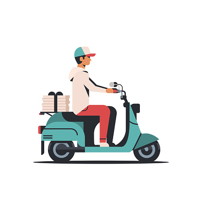 man courier riding scooter with pizza boxes fast food delivery service concept isolated flat
