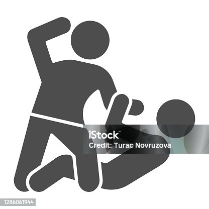 istock Man defending herself from bandit solid icon, self defense concept, boy beats lying man sign on white background, criminal attacks guy icon in glyph style. Vector graphics. 1286061944