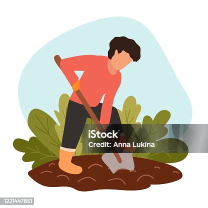 istock Man digs soil with shovel on farm. Person in protective gloves and boots grows organic food. Concept of eco-farming, hard labor on country. Vector flat modern illustration. Preparing dirt for planting 1221447851