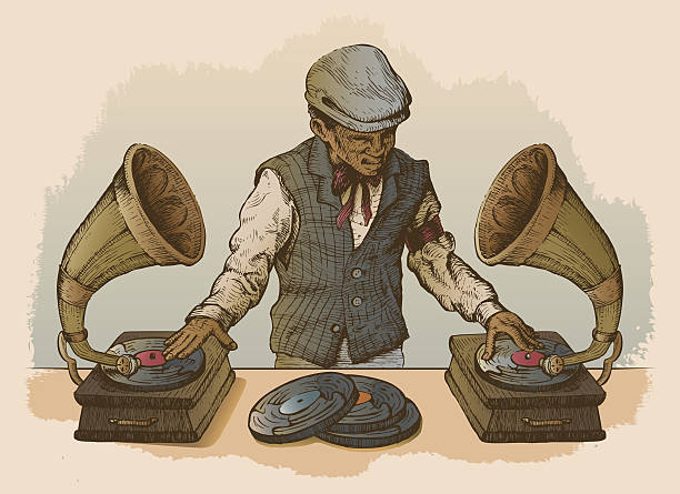 Man DJ Using Antique Record Players as Turntables vector art illustration