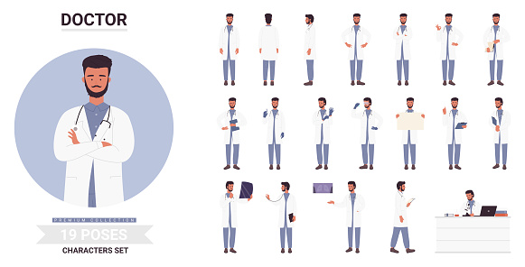 Man doctor poses vector illustration set. Cartoon bearded young medical worker character with stethoscope posing, medic working in hospital, sitting in medicine healthcare office isolated on white