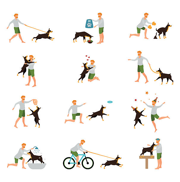 Man Dog Training Playing Pet Stick Man Dog Training Playing Pet Stick . Flat icons.  frisbee clipart stock illustrations