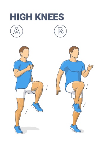 Man Doing High Knees. Front Knee Lifts. Male Jogging on the Spot and Sprinting Exercise Guidance
