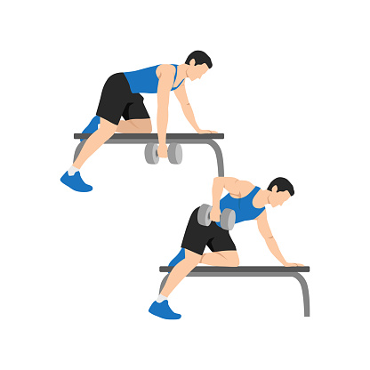 Man doing Single arm bent over row exercise. Flat vector illustration isolated on white background. workout character set