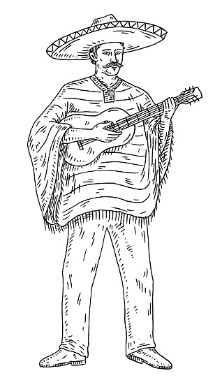 Man dressed in the poncho, sombrero playing the guitar. Vintage engraving