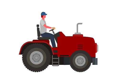 Man driving tractor vehicle. Simple flat illustration.