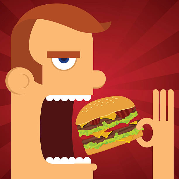 ilustrações de stock, clip art, desenhos animados e ícones de homem comer burger - come e sente