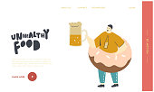 Man Eating Fast Food Enjoying Outdoor Festival Landing Page Template. Fat Male Character with Huge Donut on Belly Holding Beer Mug. Unhealthy Eating, Obesity Concept. Linear Vector Illustration