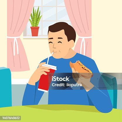 istock Man eating hot dog and drink soda in the living room. Character eating junk food 1407640612