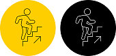 Man Going Up The Stairs Icon. This 100% royalty free vector illustration is featuring a round button in yellow with the main icon depicted in black. There is an alternative black and white version on the right.