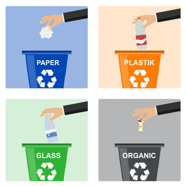 Man hand throws garbage into a plastic container. Hand of man throwing garbage into organic container. Concept of garbage processing. vector art illustration