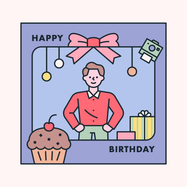 A man having a birthday party in a frame decorated with cute icons. vector art illustration