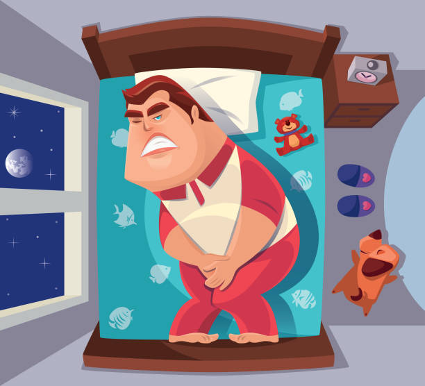 stockillustraties, clipart, cartoons en iconen met man met slapeloze nacht met urine probleem - alleen volwassenen