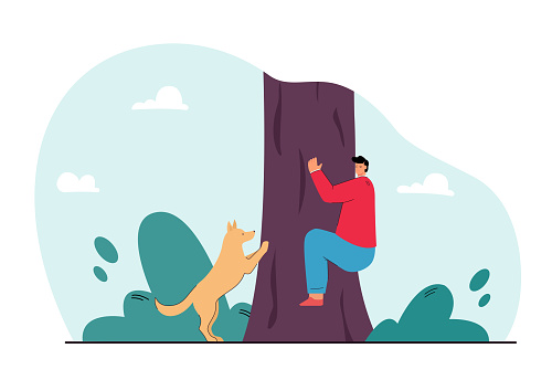 Man hiding from dog and climbing tree flat vector illustration