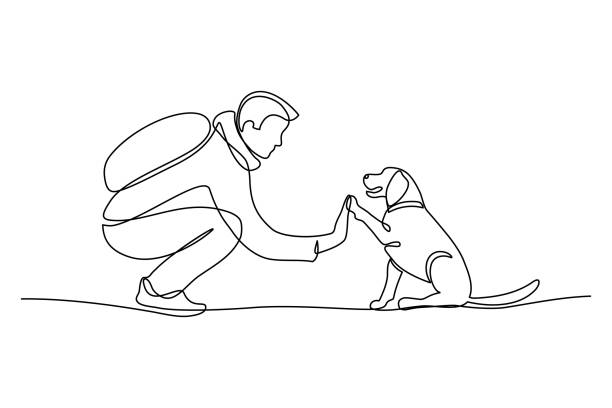 Man high-fiving dog Man high-fiving dog in continuous line art drawing style. Pet and people friendship. Black linear sketch isolated on white background. Vector illustration one man only stock illustrations