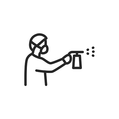 Man hold antiseptic product color line icon. Isolated vector element. Outline pictogram for web page, mobile app, promo