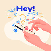 Messaging to friends on phone. Man hold smartphone and type new message. Send emojis to friends. Vector illustration, ideal for websites and startups. Social media addiction, collect likes and feedbacks.