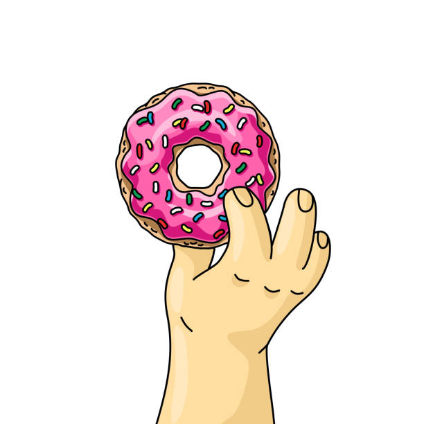 mann hält cartoon donut mit rosa glasur. nahaufnahme vektor-illustration - homer simpson stock-grafiken, -clipart, -cartoons und -symbole