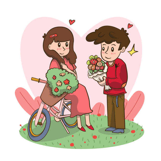 man holding flowers proposing to woman to marry him happy valentines day concept young couple in love marriage offer greeting card. vector art illustration