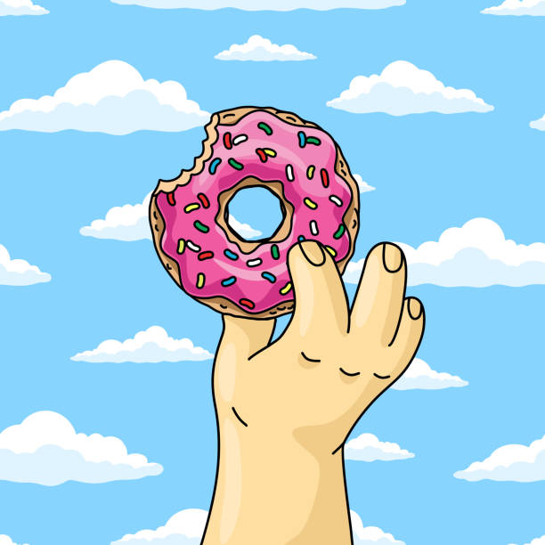 mann hält halb gegessen cartoon donut mit rosa glasur gegen blauen himmel wunschwolken. nahaufnahme vektor-illustration - homer simpson stock-grafiken, -clipart, -cartoons und -symbole