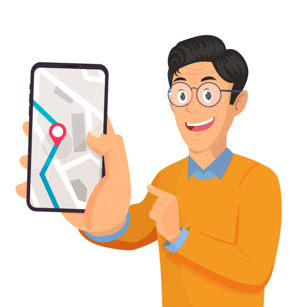 ilustrações de stock, clip art, desenhos animados e ícones de man holding smart phone and showing screen with map navigation - man pointing