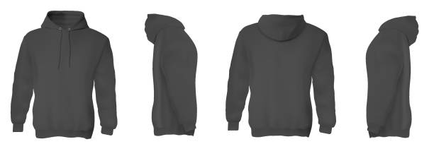 Man hoodie. Black blank male sweatshirts with hood template set Man hoodie. Black blank male sweatshirts with hood template set. Front, side and back views of adult man hoodie shirts mockup collection. Casual clothing fashion mock up concept hoodie stock illustrations