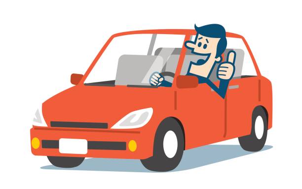 stockillustraties, clipart, cartoons en iconen met man in een auto met duimschroef opwaarts - man with car