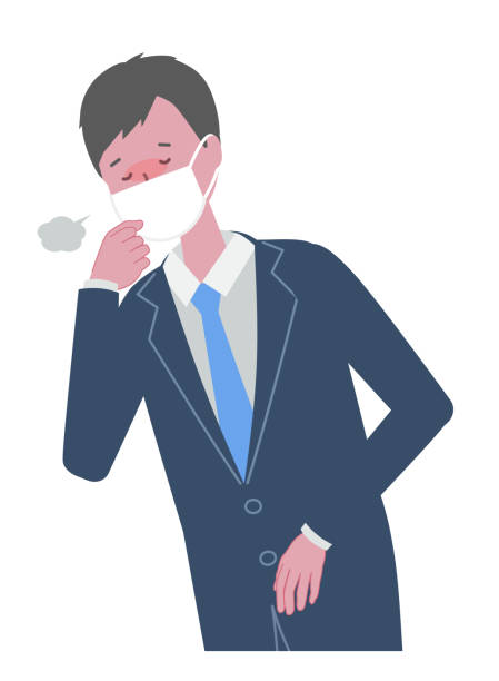 A man in a suit wearing a mask who coughs A man in a suit wearing a mask who coughs lacquered stock illustrations