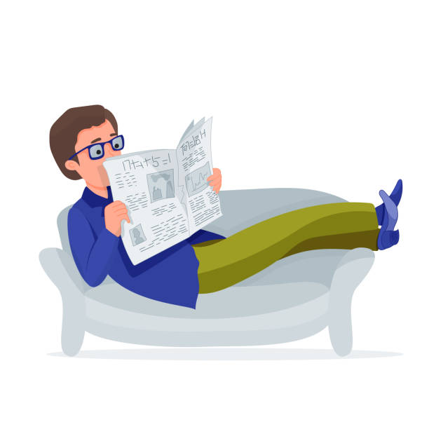 illustrazioni stock, clip art, cartoni animati e icone di tendenza di uomo in business suite giaceva al divano e leggeva giornale - young man read newspaper