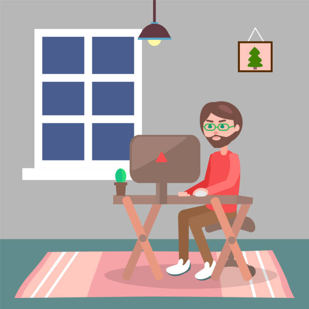 ilustrações de stock, clip art, desenhos animados e ícones de man in casual clothes sitting at home on chair and browsing or working on computer in evening - business man shoes on desk