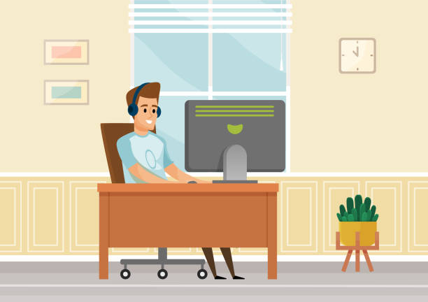 ilustrações de stock, clip art, desenhos animados e ícones de man in casual outfit and headphones sitting at home on chair and browsing or working on computer - business man shoes on desk