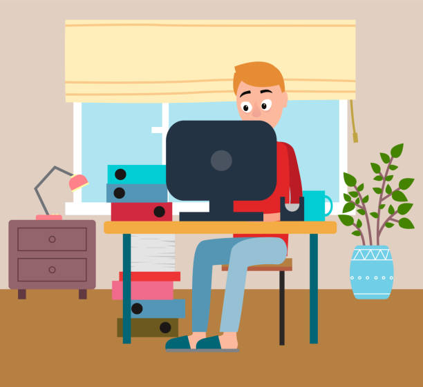 ilustrações de stock, clip art, desenhos animados e ícones de man in casual outfit and slippers sitting home on chair and browsing or working on computer - business man shoes on desk