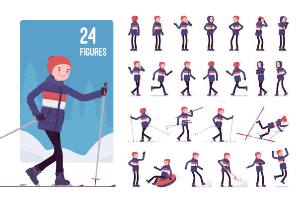 stockillustraties, clipart, cartoons en iconen met man in down jacket karakter set - posing with ski