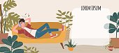 A man in headphones lies on a sofa and listens to music. Relaxed man with eyes closed enjoying music. Banner with place for text. Vector cartoon illustration.