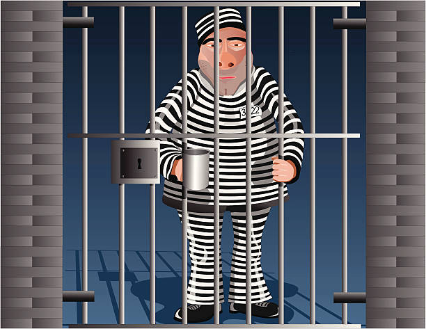 Man in Jail (Vector) An illustration of a jailed prisoner with a tin cup. Simulated shadows and highlights. More detailed than the thumbnail. Included Files: EPS, AI, FH8, SWF, PDF and Hi res JPG. alcaraz stock illustrations