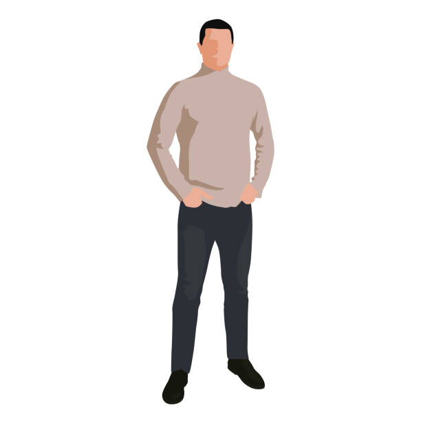 illustrazioni stock, clip art, cartoni animati e icone di tendenza di uomo in maglione marrone chiaro e jeans in piedi con le mani in tasca. illustrazione vettoriale piatta, silhouette astratta - shoes top view