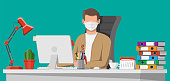 Freelancer or remote worker on quarantine. Man in medical mask working on his computer at desktop. Office personal work at home to avoid disease of coronavirus covid-19 ncov. Flat vector illustration