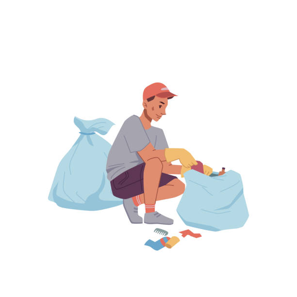 Man in rubber gloves collect litter into bags isolated flat cartoon. Vector ecologist clean globe, hobby activity to protect environment. Male activist in rubber gloves help to pick garbage into sack Man in rubber gloves collect litter into bags isolated flat cartoon. Vector ecologist clean globe, hobby activity to protect environment. Male activist in rubber gloves help to pick garbage into sack kitten litter stock illustrations