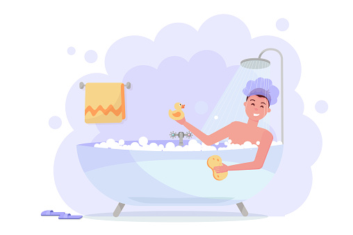 Man in shower cap taking bath with the shower. Happy funny guy in bubble bathtub, relaxing with yellow duck and washcloth. Bathtub with steam on a white background. Flat cartoon vector illustration