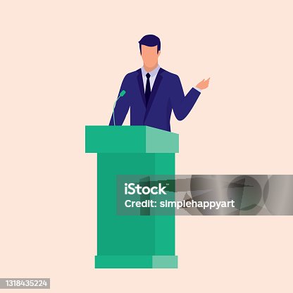 istock Man In Suit Public Speaker Standing Behind A Podium. Political Conference Concept. Vector Flat Cartoon Illustration. 1318435224
