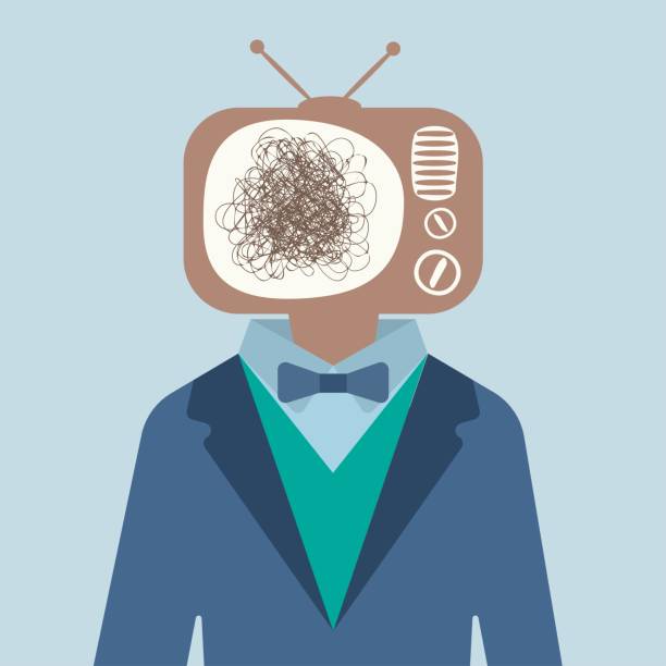 Man in suit with TV scribble head Business man suit with speech bubble and tv silhouette instead head. Television propaganda and hypnosis lines inside person hypnotized by mass media stock illustrations